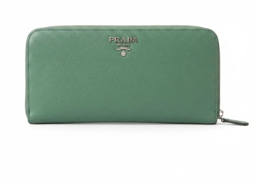 Prada Zip Around Saffiano Leather Long Wallet Green Travel Silver Logo Accent
